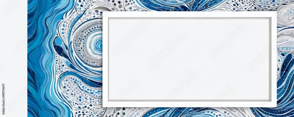 Poster a white frame is centered against a vibrant, abstract blue and white pattern, with a white border an