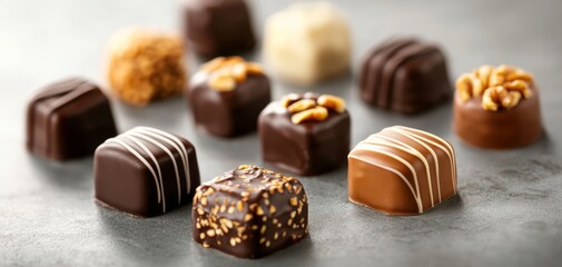 Close-up of assorted chocolates with different textures, featuring rich caramel, nut fillings, and smooth chocolate coatings, a luxurious sweet collection