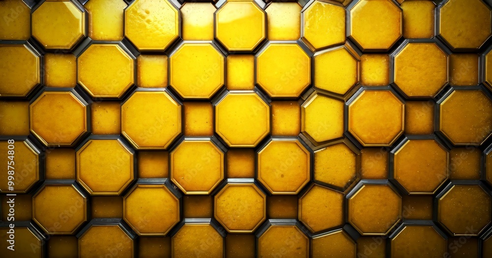 Poster A close-up view honeycomb pattern composed of numerous hexagonal tiles in a warm yellow color, with a subtle black outline