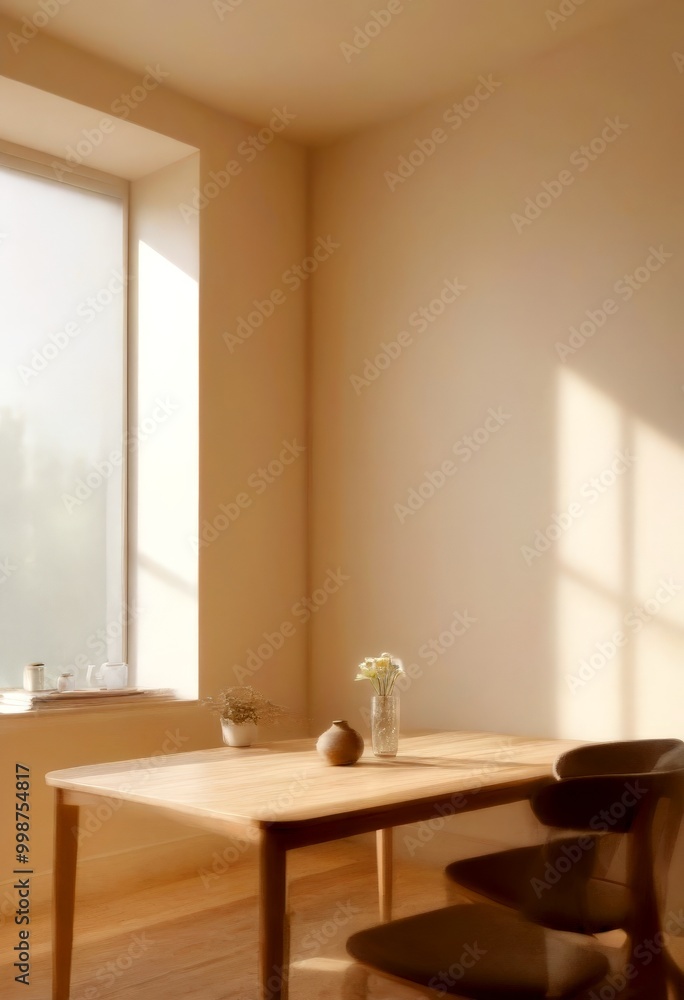 Poster a serene indoor setting with a wooden table, a vase of white flowers, and a window with a view of tr