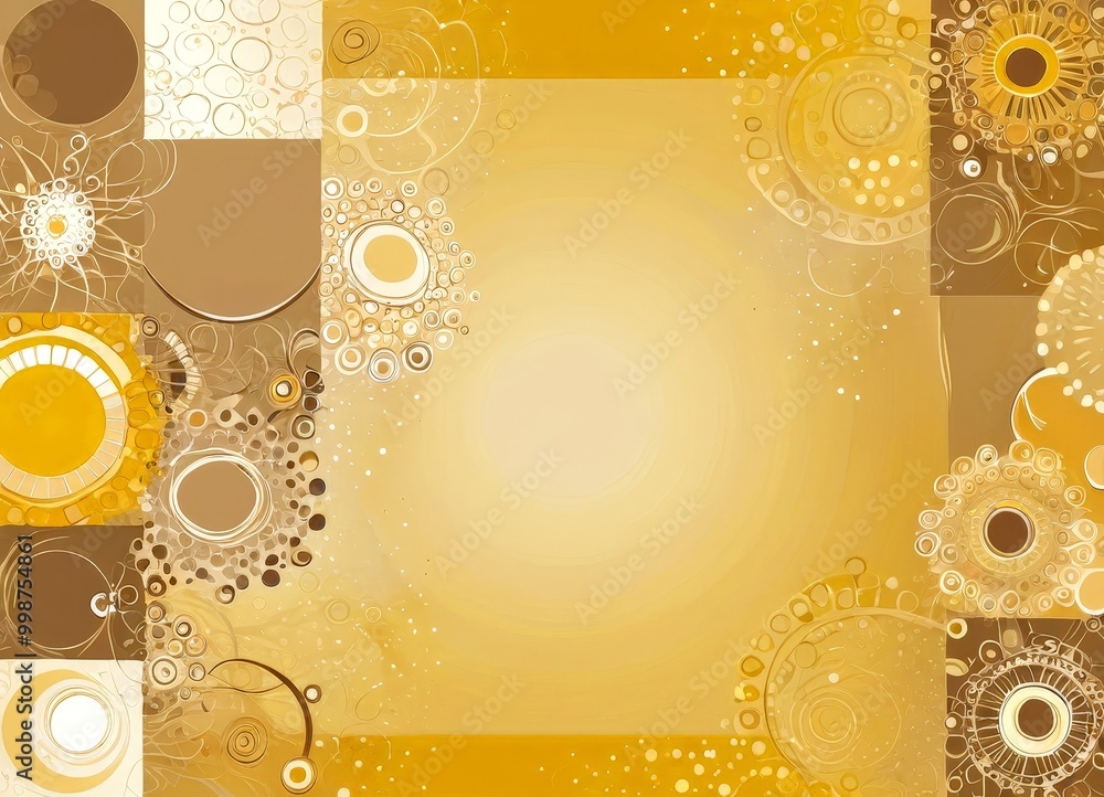 Poster a vibrant and abstract design with a warm, golden color palette It is composed of various shapes and patterns, including circles, ovals, and lines, arranged in a