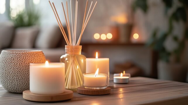 A peaceful arrangement of candles and reed diffusers on a wooden table in a calming environment, perfect for an aromatherapy session