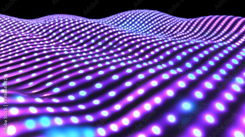 Poster an abstract digital texture pattern with glowing neon dots on a black background