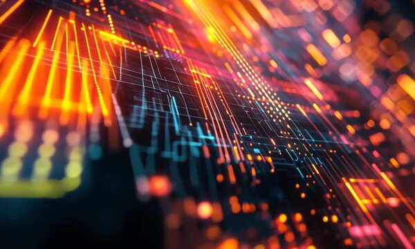 Exploring vibrant digital patterns and dynamic light effects in abstract technology visuals from a futuristic perspective