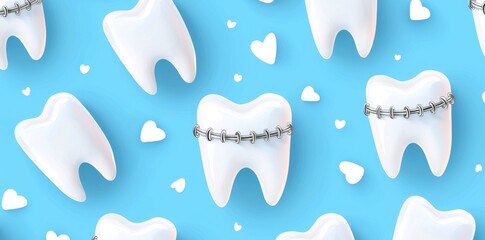 An illustration of white teeth with braces, isolated on a blue background. A funny dental concept showing a smile with a brace aligning the bite.