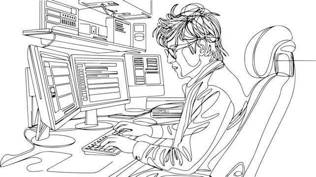 continuous single line drawing of computer hacker stereotype, line art vector illustration
