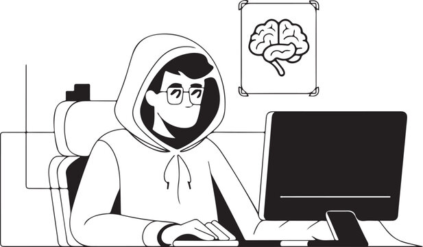 recommend clip art: continuous single line drawing of computer hacker stereotype, line art vector illustration
                    