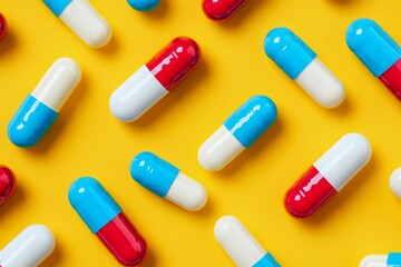 On a yellow background, there are two types of medicine pills.