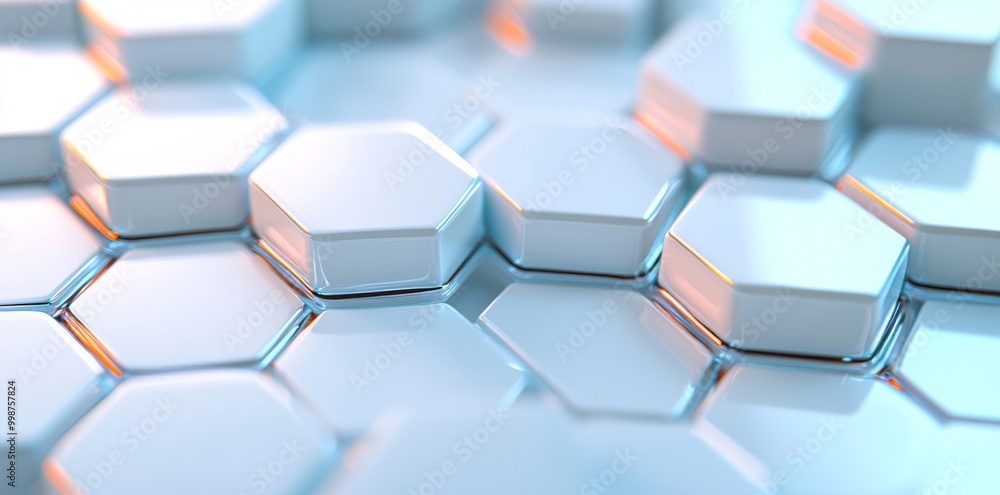 Poster surface polygonal pattern with glowing hexagons on a white geometric hexagonal abstract background.