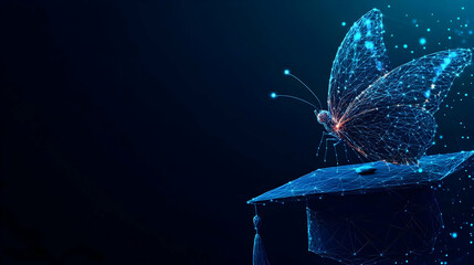 Abstract 3D Low Poly Butterfly on Graduation Cap  -  Digital Art of Education, Success, and Transformation with Wireframe Design