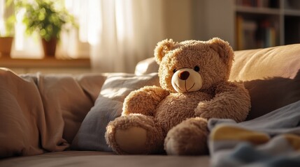 A large stuffed teddy bear resting on the edge of a sofa in a cozy living room filled with soft light and homey atmosphere