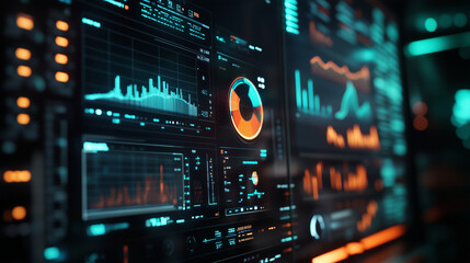 Fototapeta premium Depict a futuristic data analysis tool showcasing real-time analytics for financial performance, including visual elements for online marketing effectiveness and strategic planning