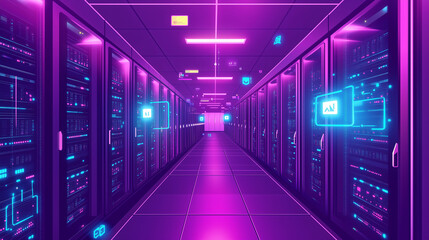 Fototapeta premium Depict a vibrant corridor in a data center, showcasing an array of rack servers and powerful computing systems. Add floating icons that illustrate the advantages of cloud storage,