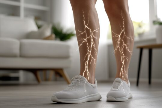 Visual depiction of nerve pain: a person experiencing discomfort, tired legs showing the effects of neuropathy, highlighting the intricate pathways of the nervous system, its impact on daily movement.