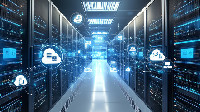Create a detailed shot of a corridor in a working data center filled with rack servers and supercomputers. Include visual icons representing cloud storage advantages, such as scala