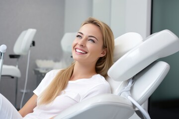 A woman is smiling happily while sitting comfortably in a dental chair
