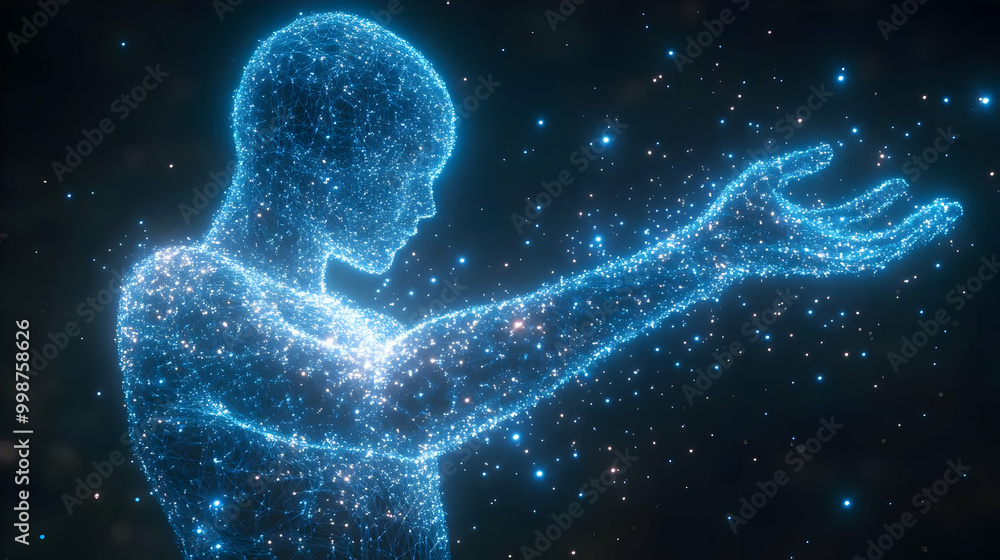 Wall mural abstract 3d digital art of a glowing blue human figure with a network of lines and points