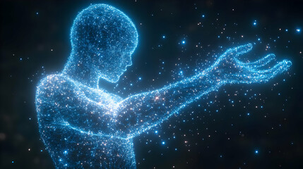 Abstract 3D Digital Art of a Glowing Blue Human Figure with a Network of Lines and Points