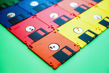 Top view of colorful floppy disks, close-up of diskettes