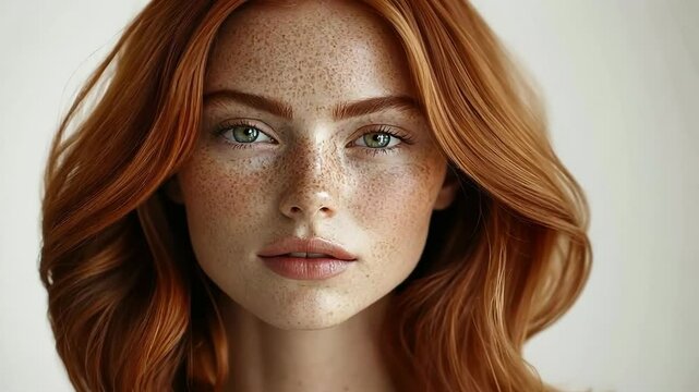 Radiant redhead woman with freckles green eyes portrait