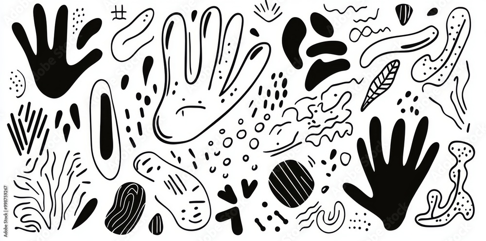 Poster printed seamless pattern with black and white doodles. organic flat cartoon background with simple r