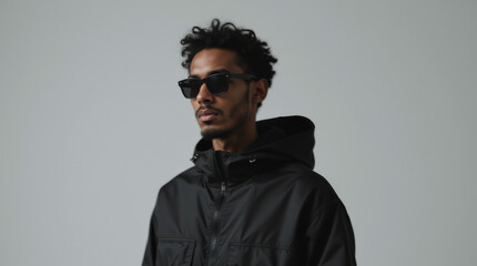 Fototapeta premium Minimalistic Black Techwear Jacket Fashion: Male Model Editorial with Japanese Streetwear Aesthetic and Reflective Urban Style