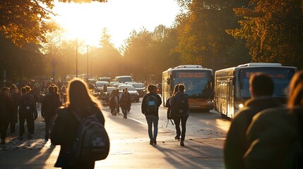 Students arriving and leaving a university, chatting and carrying backpacks, while cars and buses pass by