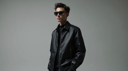 Fototapeta premium Minimalistic Black Techwear Jacket Fashion: Male Model Editorial with Japanese Streetwear Aesthetic and Reflective Urban Style