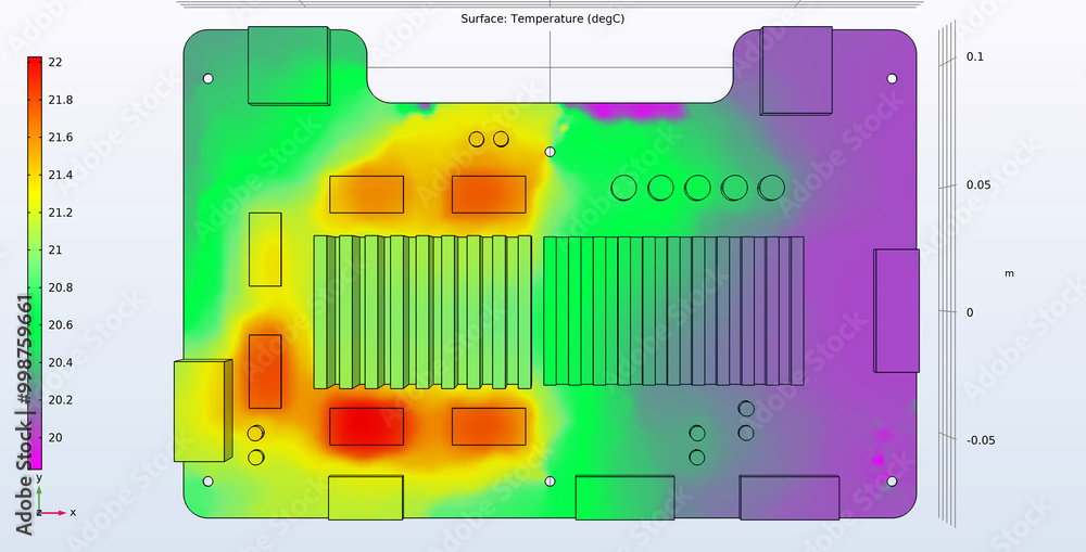 Poster computer 3d modeling of temperature distribution on surface of printed circuit board of electronic d