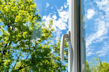 New plastic PVC window with white metal frame installed at modern house, view of blurred green trees, blue sky. Advertising. Typical installation of insulated glazing windows with uPVC window frames.