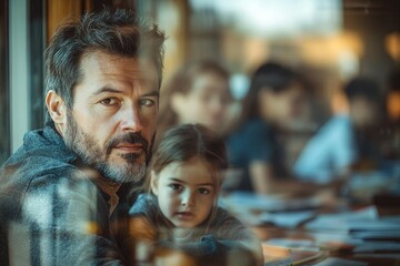 Obraz premium A parent homeschooling a child with limited materials in a modest home, contrasted by a blurred image of students in a private school using advanced technology and resources