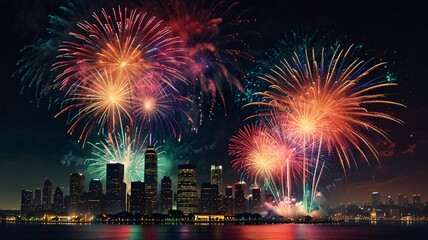 City Skyline Festival Display Over a Colorful Fireworks Celebration Lighting Happy New Year.