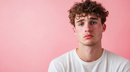 Fototapeta premium Portrait of a jaded young caucasian man isolated on a plain pink background, with copy space.
