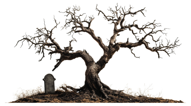 spooky old withered dead leafless tree and grave isolated on transparent background