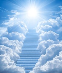  stairway to heaven with radiant sun rays, blue sky, and white clouds