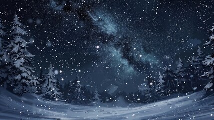 Naklejka premium A snowy landscape with a starry sky and trees