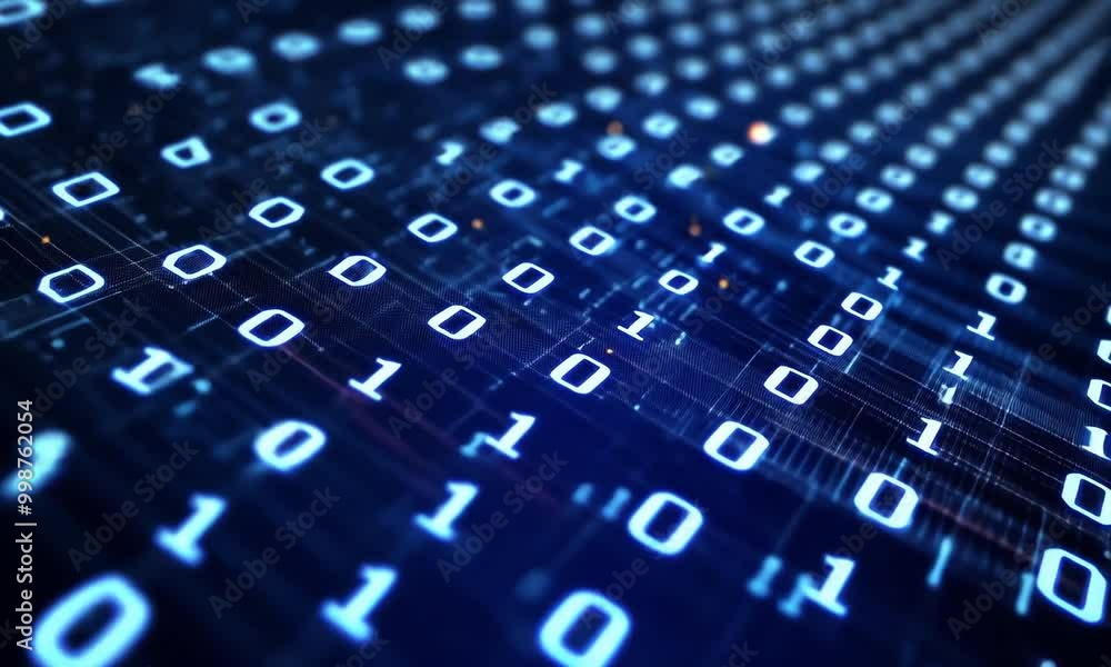 Poster exploring data flow and binary patterns in a futuristic digital landscape at high resolution