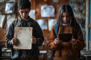 Two students side by side one holding an outdated textbook in a dilapidated classroom, and the other using a tablet in a well-funded school with a soft focus on their environments
