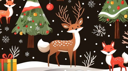 Fototapeta premium generative AI pattern with deer, trees, and snowflakes on a dark background.
