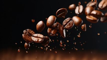 Close up coffee bean fall down as rolling circle shape, A Flying coffee beans on dark brown background