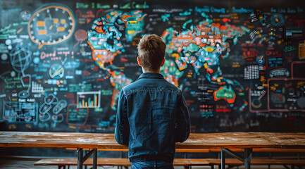Obraz premium Illustration of Person Looking at a World Map Drawn on a Blackboard