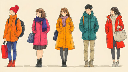 Naklejka premium Illustration of Four People in Winter Clothes Standing Together with Bags and Backpacks, Hand-Drawn in a Cartoon Style