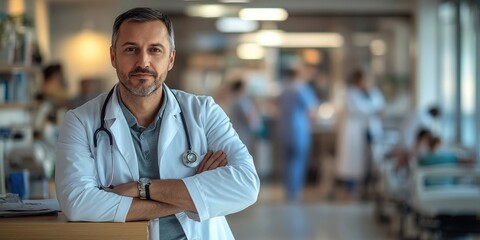 Fototapeta premium A doctor confidently leaning against a desk, wearing a lab coat and stethoscope, with the background blurred to show a bustling hospital ward