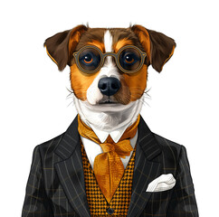 A dapper Jack Russell Terrier wearing a tailored suit, complete with a pocket square and a scarf, strikes a sophisticated pose, sporting round glasses.

