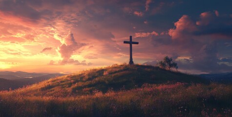 Obraz premium cross on hill under a vibrant sky