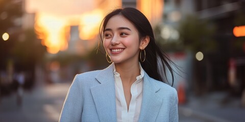 Smiling Young Woman with Black Hair in Light Blue Blazer and Gold Hoop Earrings City Street Background Warm Sunset Glow Elegance and Confidence in Urban Setting