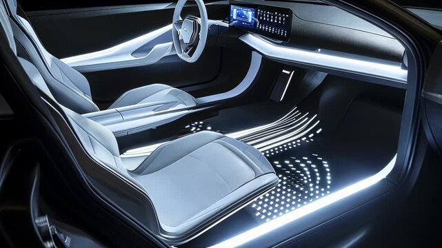 Futuristic interior of a driverless electric car showing white leather seats, ambient lighting and a minimalist design. The vehicle features a large digital display