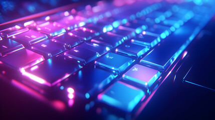 Obraz premium Close-Up of a Keyboard with Blue and Pink Neon Lights Shining on It, Making the Keys Look Shiny and Reflective, Highlighting the Digital World in a Futuristic Manner