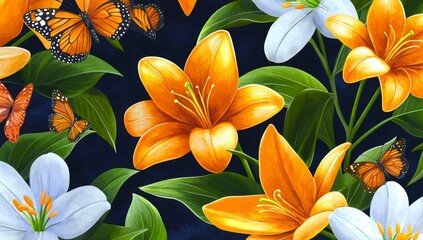 An elegant seamless pattern with skulls, lilies, butterflies and dark mystical botanicals for the fabric paper wallpaper canvas design.