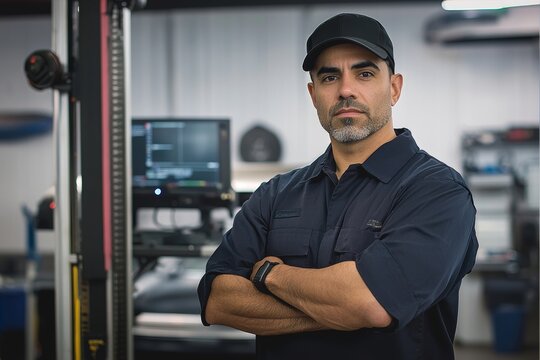 Professional Mechanic in Navy Blue Shirt with Arms Crossed Serious Expression. Clean Well-Lit Garage with Car Lift and Computer Screen Ready for Automotive Services and Repairs.